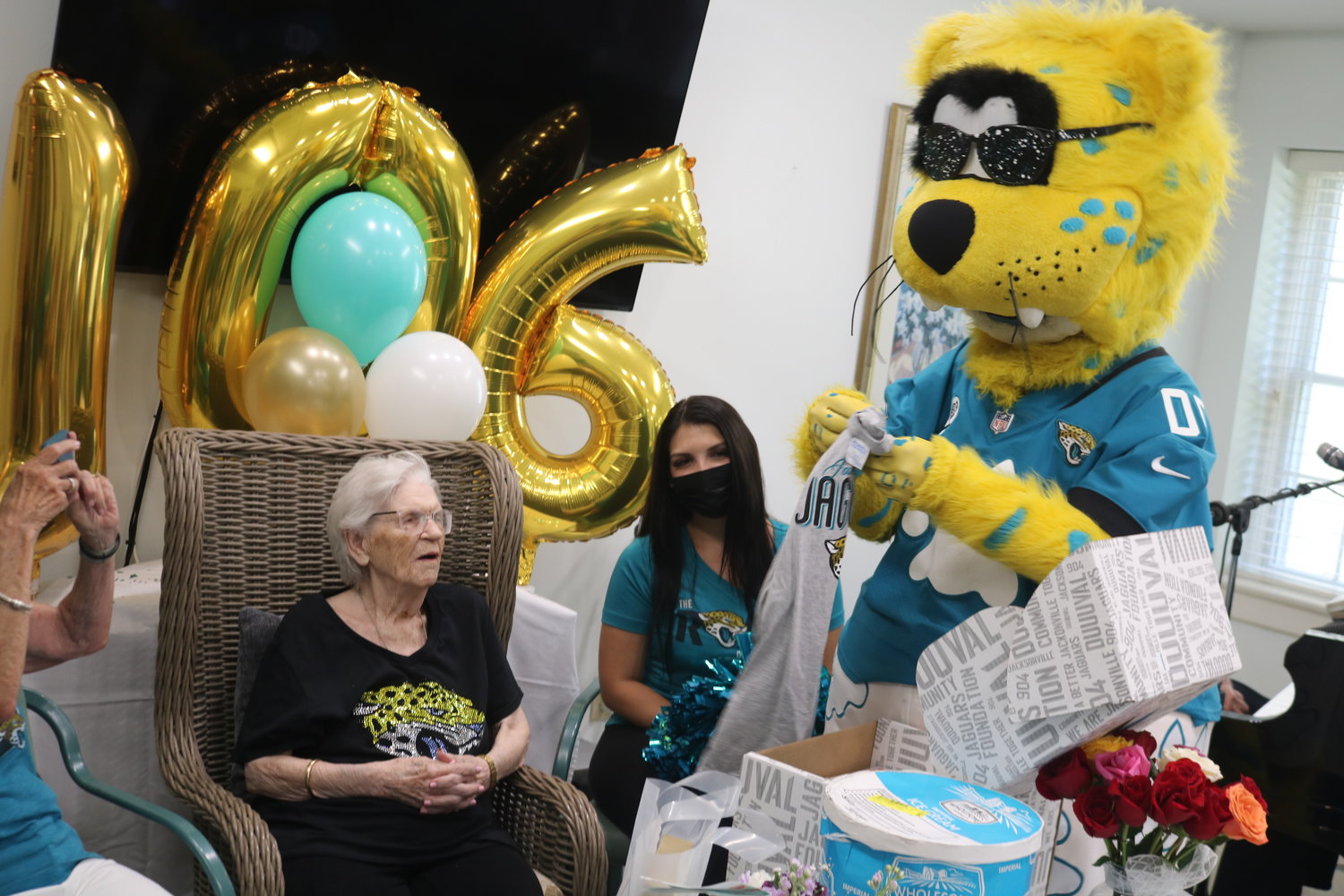 Muriel McGowan celebrated her 106th birthday at Vicar’s Landing with family, friends and a surprise visit by Jacksonville Jaguars mascot Jaxson de Ville and members of the ROAR cheerleaders. She considers herself the team’s No. 1 fan.